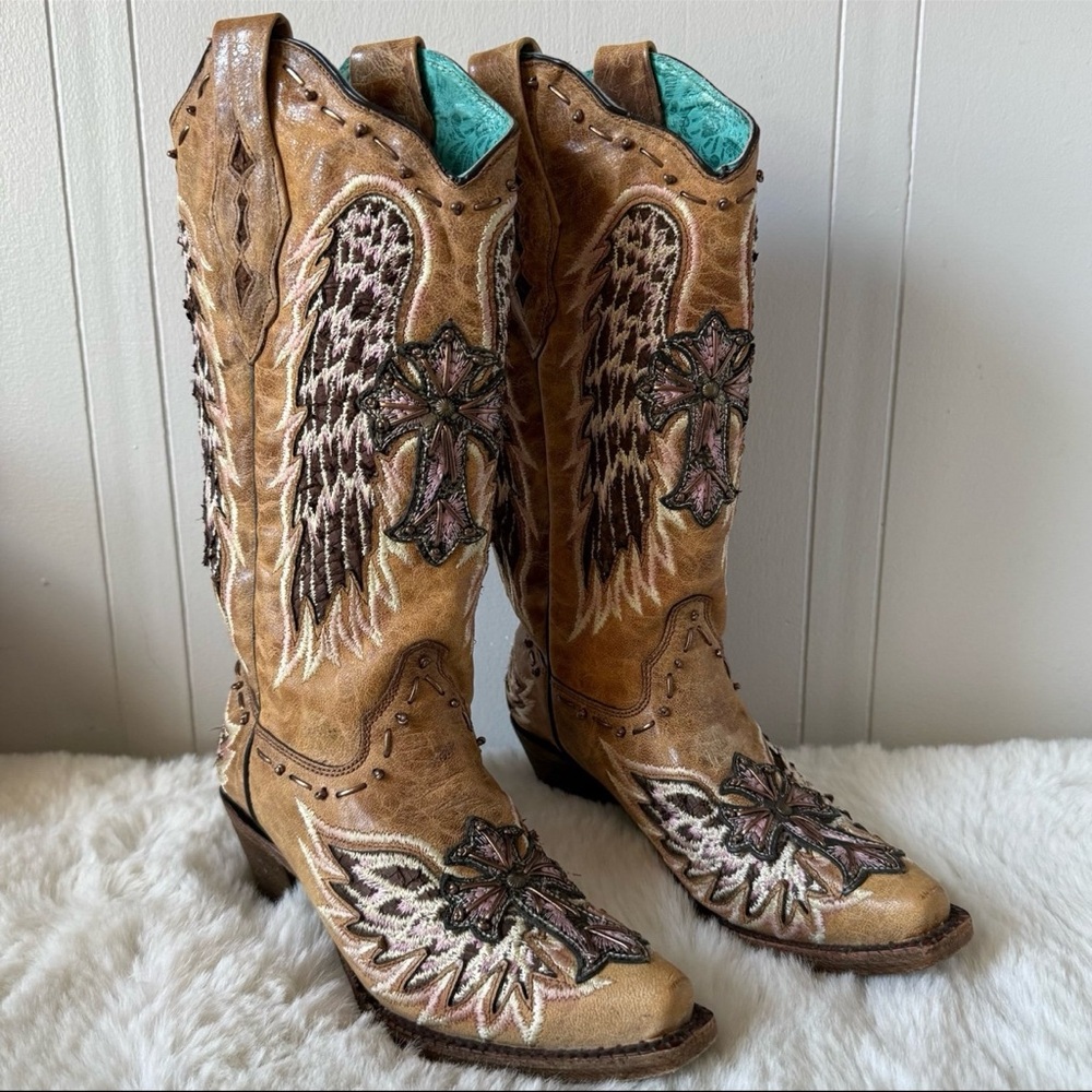 Corral Cross Angel Wing Cowgirl Boots Distressed #A3494 Brown / Pink Size 6.5